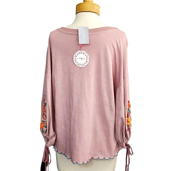 SALE UMGEE NWT Blouse/Top/Shirt Embroidered Drawstring Cuffs Scallop Hem Sz M - Picture 5 of 8